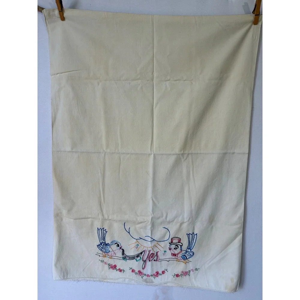 Cottagecore Vintage Pillowcase Embroidered Bluebirds Cream Fair